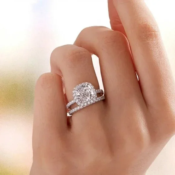 Classic Silver Diamond Halo Ring Set - Picture 3 of 5